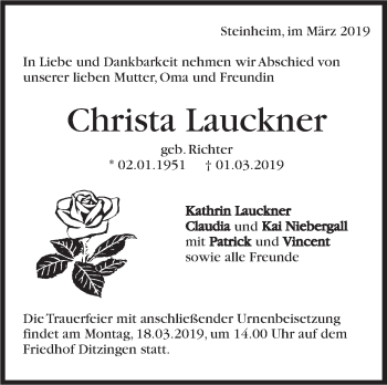 Traueranzeige von Christa Lauckner von Marbacher Zeitung