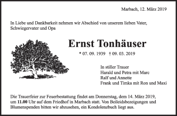 Traueranzeige von Ernst Tonhäuser von Marbacher Zeitung