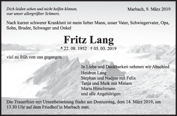 Traueranzeige von Fritz Lang von Marbacher Zeitung