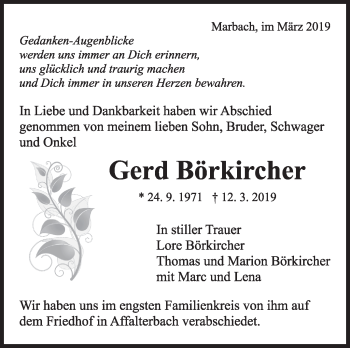 Traueranzeige von Gerd Börkircher von Marbacher Zeitung