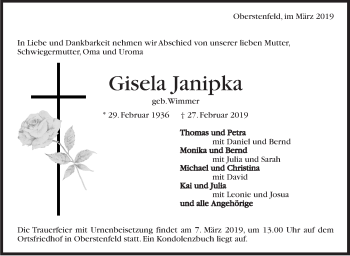 Traueranzeige von Gisela Janipka von Marbacher Zeitung