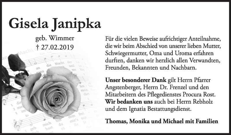  Traueranzeige für Gisela Janipka vom 22.03.2019 aus Marbacher Zeitung