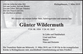 Traueranzeige von Günter Wildermuth von Marbacher Zeitung
