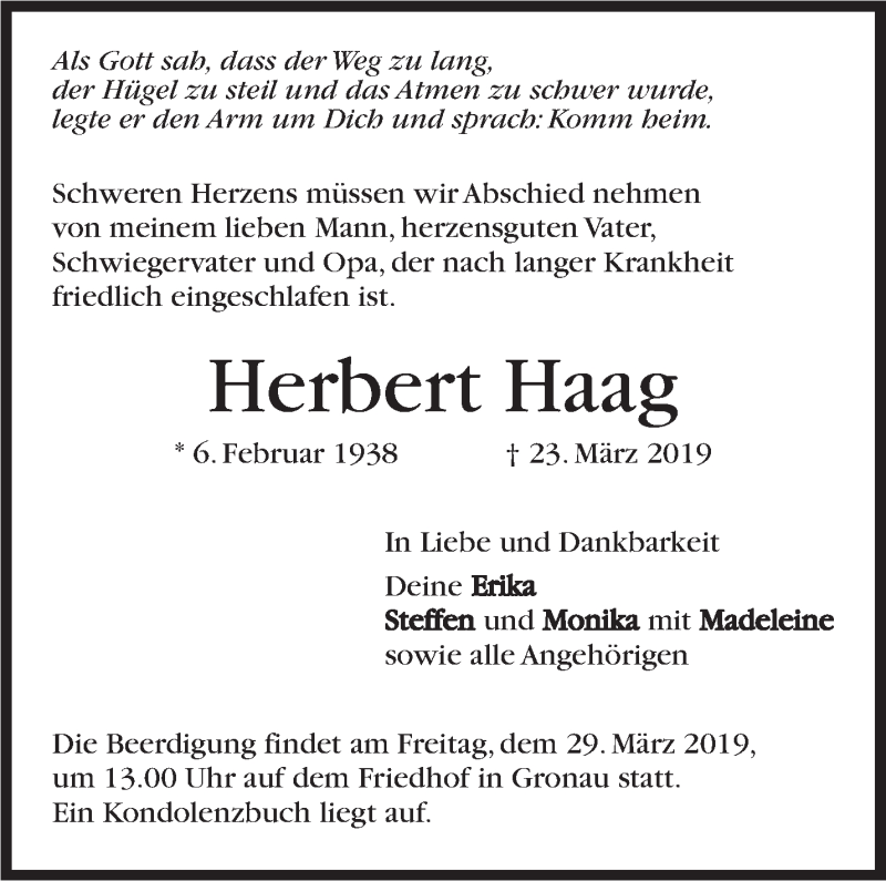  Traueranzeige für Herbert Haag vom 27.03.2019 aus Marbacher Zeitung