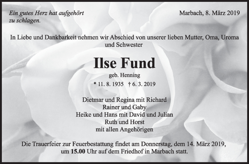  Traueranzeige für Ilse Fund vom 08.03.2019 aus Marbacher Zeitung