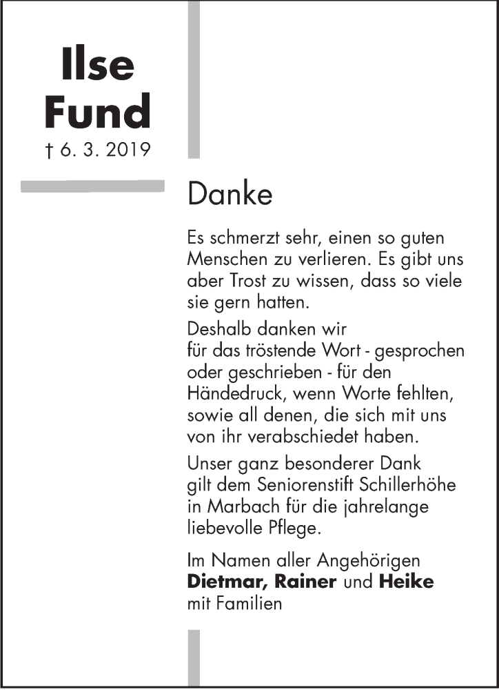  Traueranzeige für Ilse Fund vom 30.03.2019 aus Marbacher Zeitung
