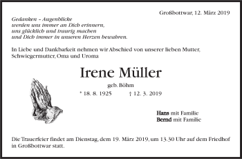 Traueranzeige von Irene Müller von Marbacher Zeitung