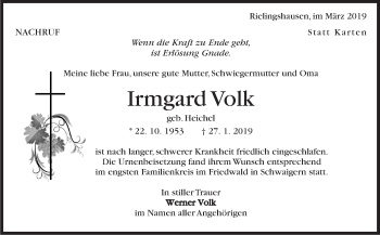 Traueranzeige von Irmgard Volk von Marbacher Zeitung