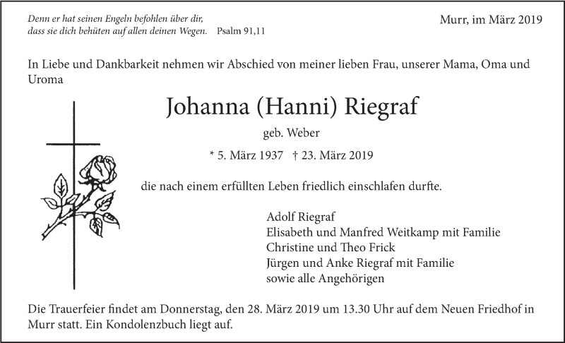  Traueranzeige für Johanna Riegraf vom 26.03.2019 aus Marbacher Zeitung