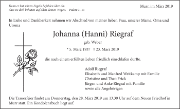 Traueranzeige von Johanna Riegraf von Marbacher Zeitung