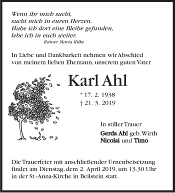 Traueranzeige von Karl Ahl von Marbacher Zeitung