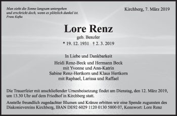 Traueranzeige von Lore Renz von Marbacher Zeitung