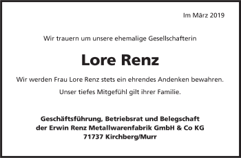 Traueranzeige von Lore Renz von Marbacher Zeitung