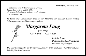 Traueranzeige von Margareta Lang von Marbacher Zeitung