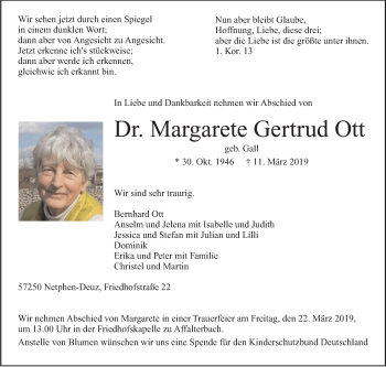 Traueranzeige von Margarete Gertrud Ott von Marbacher Zeitung