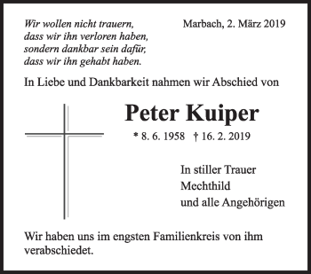 Traueranzeige von Peter Kuiper von Marbacher Zeitung