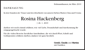 Traueranzeige von Rosina Hackenberg von Marbacher Zeitung