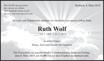 Traueranzeige von Ruth Wolf von Marbacher Zeitung
