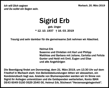 Traueranzeige von Sigrid Erb von Marbacher Zeitung