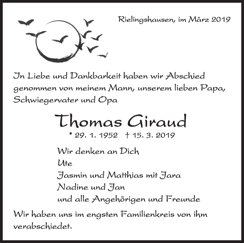  Traueranzeige für Thomas Giraud vom 22.03.2019 aus Marbacher Zeitung