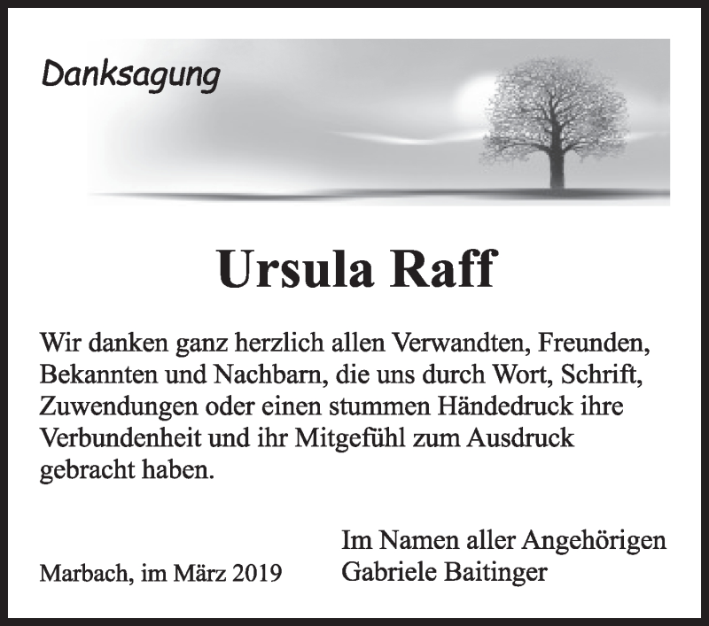  Traueranzeige für Ursula Raff vom 15.03.2019 aus Marbacher Zeitung