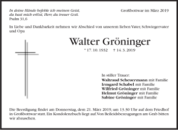 Traueranzeige von Walter Gröninger von Marbacher Zeitung
