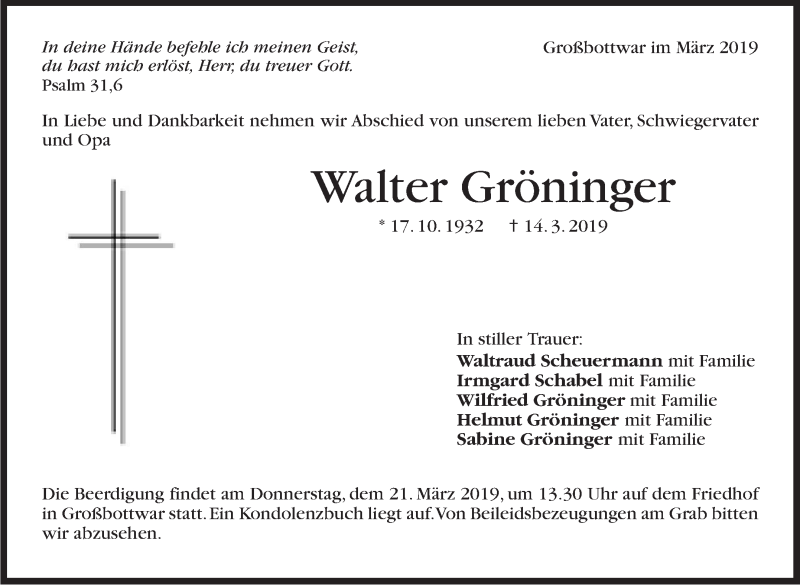  Traueranzeige für Walter Gröninger vom 19.03.2019 aus Marbacher Zeitung