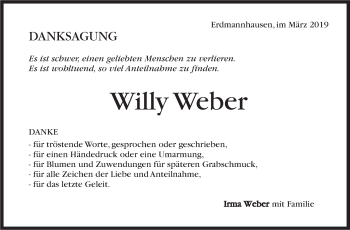 Traueranzeige von Willy Weber von Marbacher Zeitung