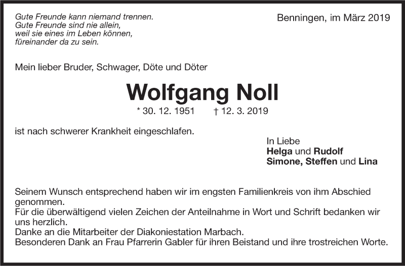  Traueranzeige für Wolfgang Noll vom 30.03.2019 aus Marbacher Zeitung