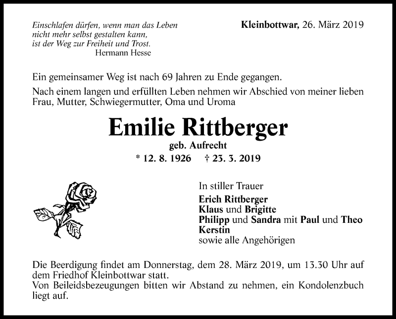  Traueranzeige für Emilie Rittberger vom 26.03.2019 aus MARBACHER ZEITUNG