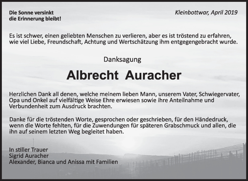  Traueranzeige für Albrecht Auracher vom 11.04.2019 aus Marbacher Zeitung
