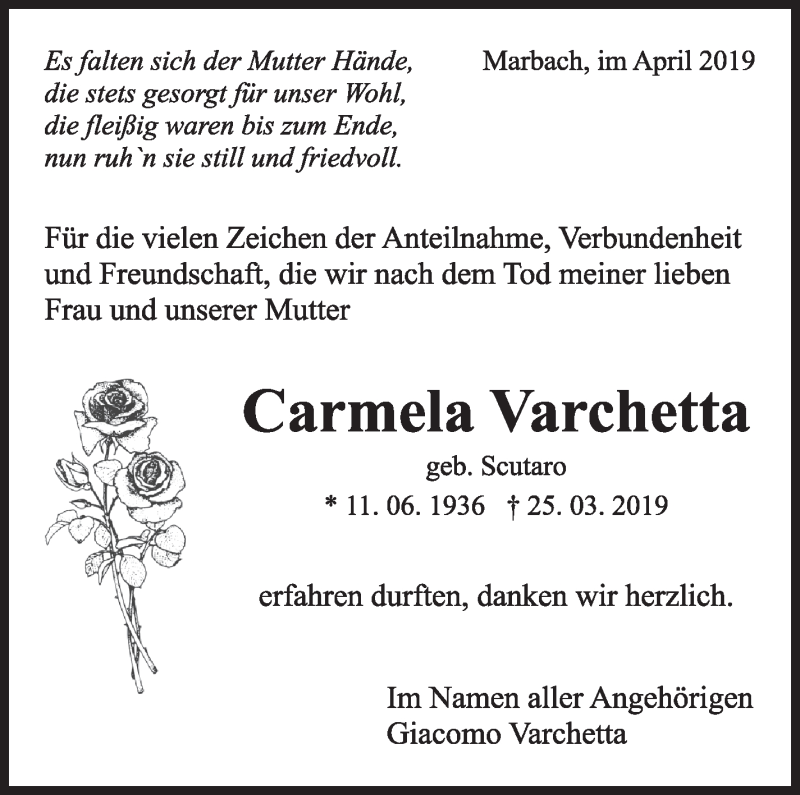  Traueranzeige für Carmela Varchetta vom 26.04.2019 aus Marbacher Zeitung