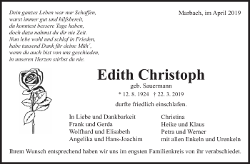 Traueranzeige von Edith Christoph von Marbacher Zeitung