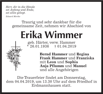 Traueranzeige von Erika Wimmer von Marbacher Zeitung