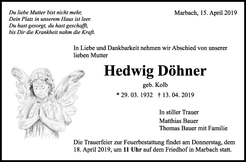  Traueranzeige für Hedwig Döhner vom 15.04.2019 aus Marbacher Zeitung