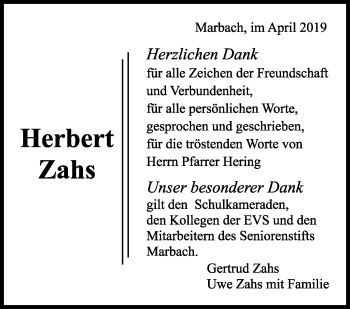 Traueranzeige von Herbert Zahs von Marbacher Zeitung