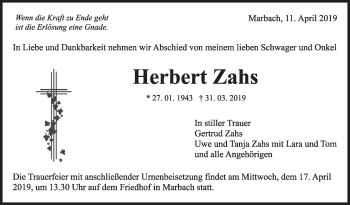 Traueranzeige von Herbert Zahs von Marbacher Zeitung