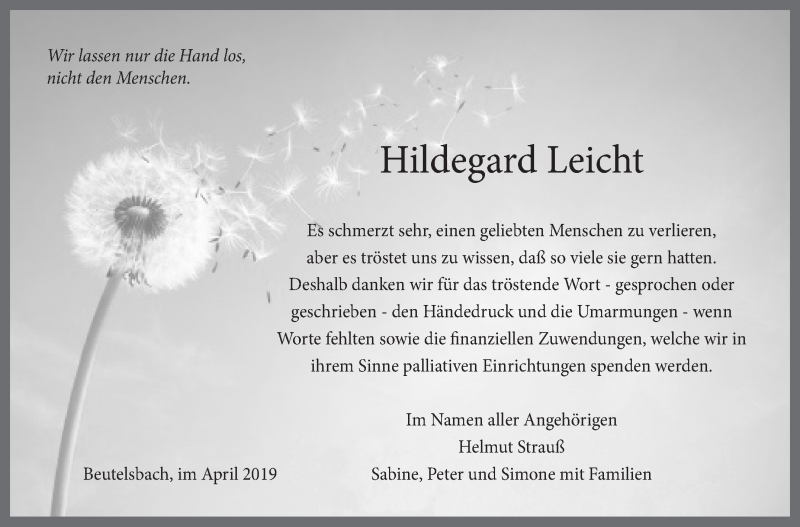  Traueranzeige für Hildegard Leicht vom 17.04.2019 aus Marbacher Zeitung
