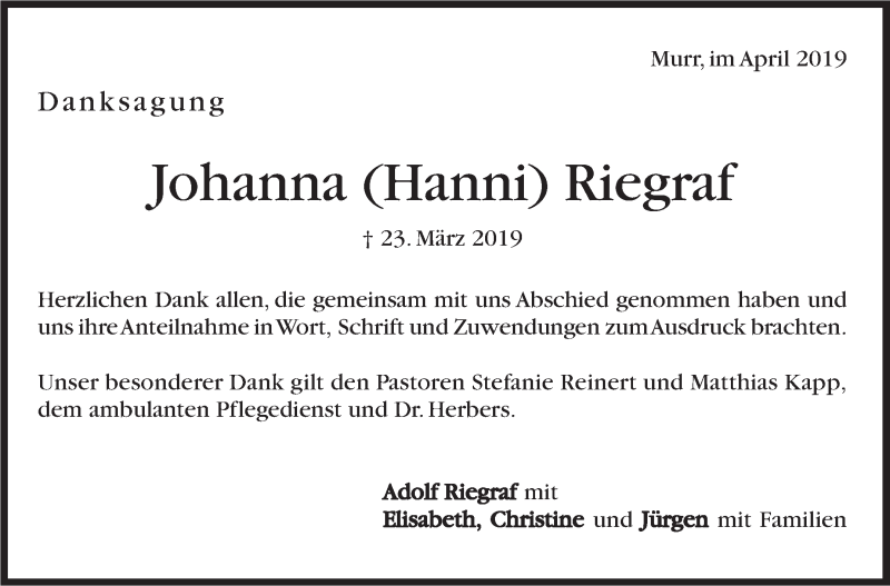  Traueranzeige für Johanna Riegraf vom 17.04.2019 aus Marbacher Zeitung