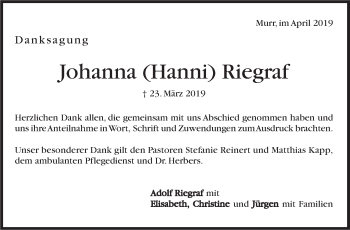 Traueranzeige von Johanna Riegraf von Marbacher Zeitung