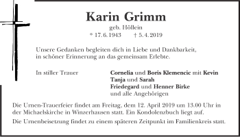 Traueranzeige von Karin Grimm von Marbacher Zeitung