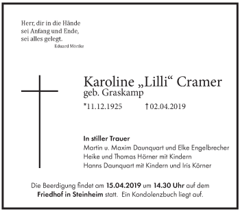 Traueranzeige von Karoline Cramer von Marbacher Zeitung