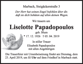 Traueranzeige von Lieselotte Papadopoulos von Marbacher Zeitung