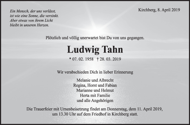  Traueranzeige für Ludwig Than vom 08.04.2019 aus Marbacher Zeitung