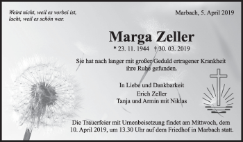 Traueranzeige von Marga Zeller von Marbacher Zeitung