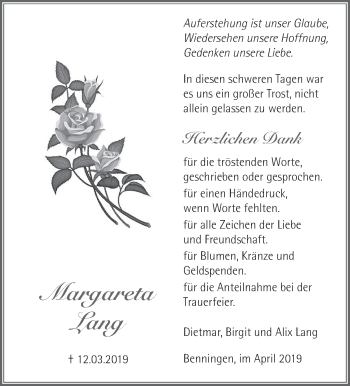 Traueranzeige von Margareta Lang von Marbacher Zeitung
