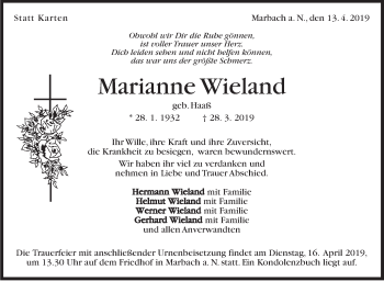 Traueranzeige von Marianne Wieland von Marbacher Zeitung