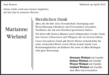Traueranzeige von Marianne Wieland von Marbacher Zeitung