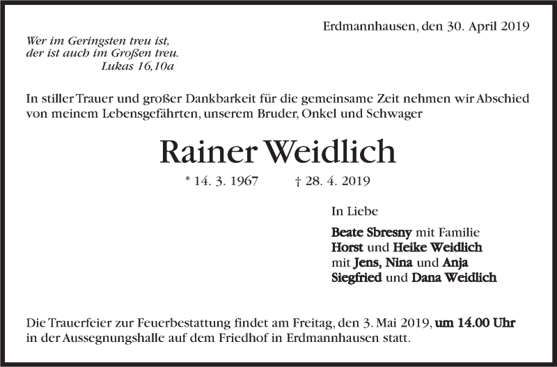  Traueranzeige für Rainer Weidlich vom 30.04.2019 aus Marbacher Zeitung