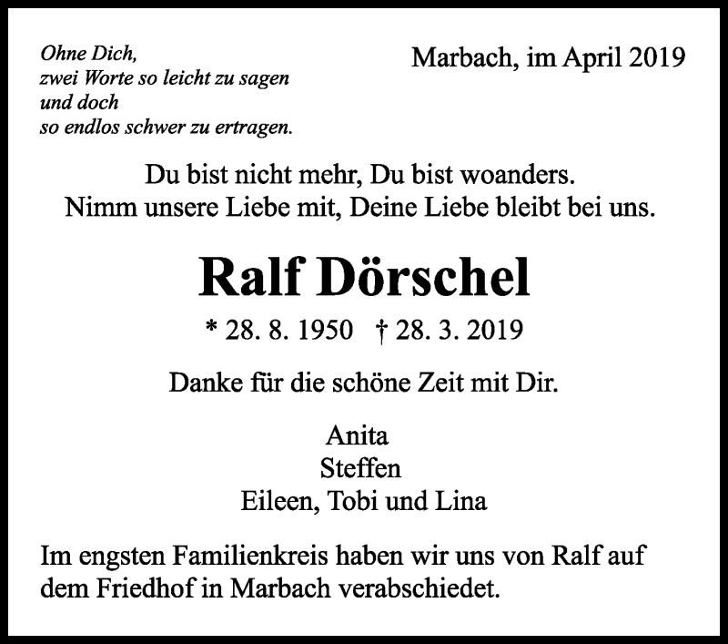  Traueranzeige für Ralf Dörschel vom 15.04.2019 aus Marbacher Zeitung